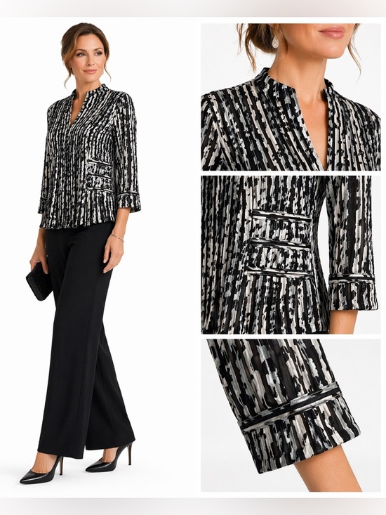Frank Lyman Design Jackets & Blazers - Black/White Vertical Print Jacket  Full Zipper 3/4 Sleeve Shutter Pleats Sz M/L